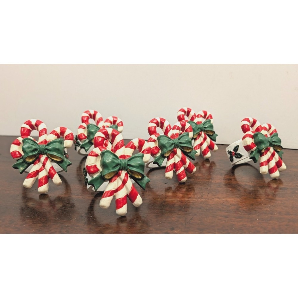 Christmas Candy Cane Napkin Rings Set of 6 Red White Green Bow Holiday Table